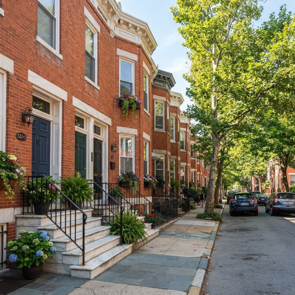 A tree-lined street of well-maintained brick rowhomes in a Baltimore, Maryland neighborhood