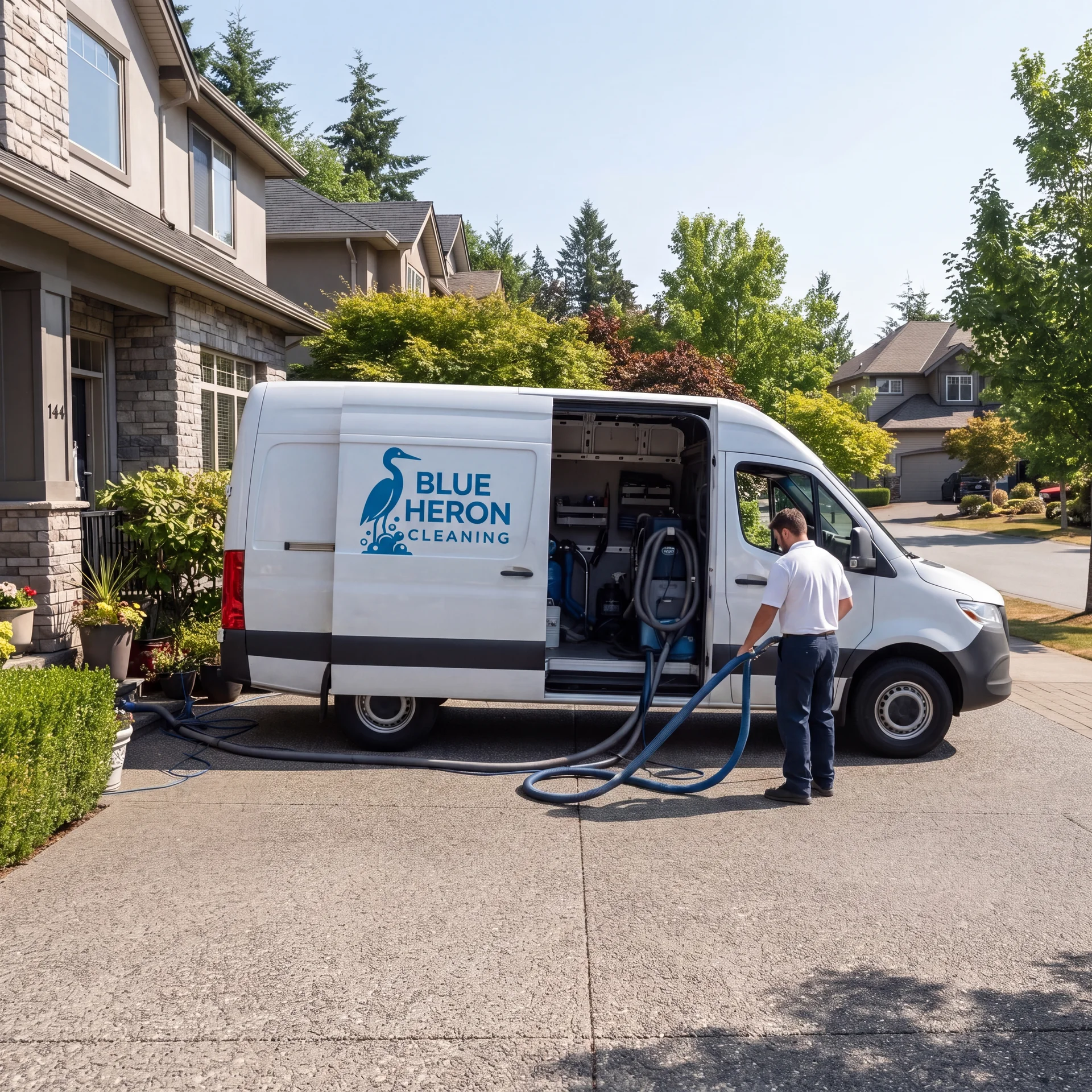 Blue Heron Cleaning technician pulling carpet extraction hoses from the branded service van in a residential driveway