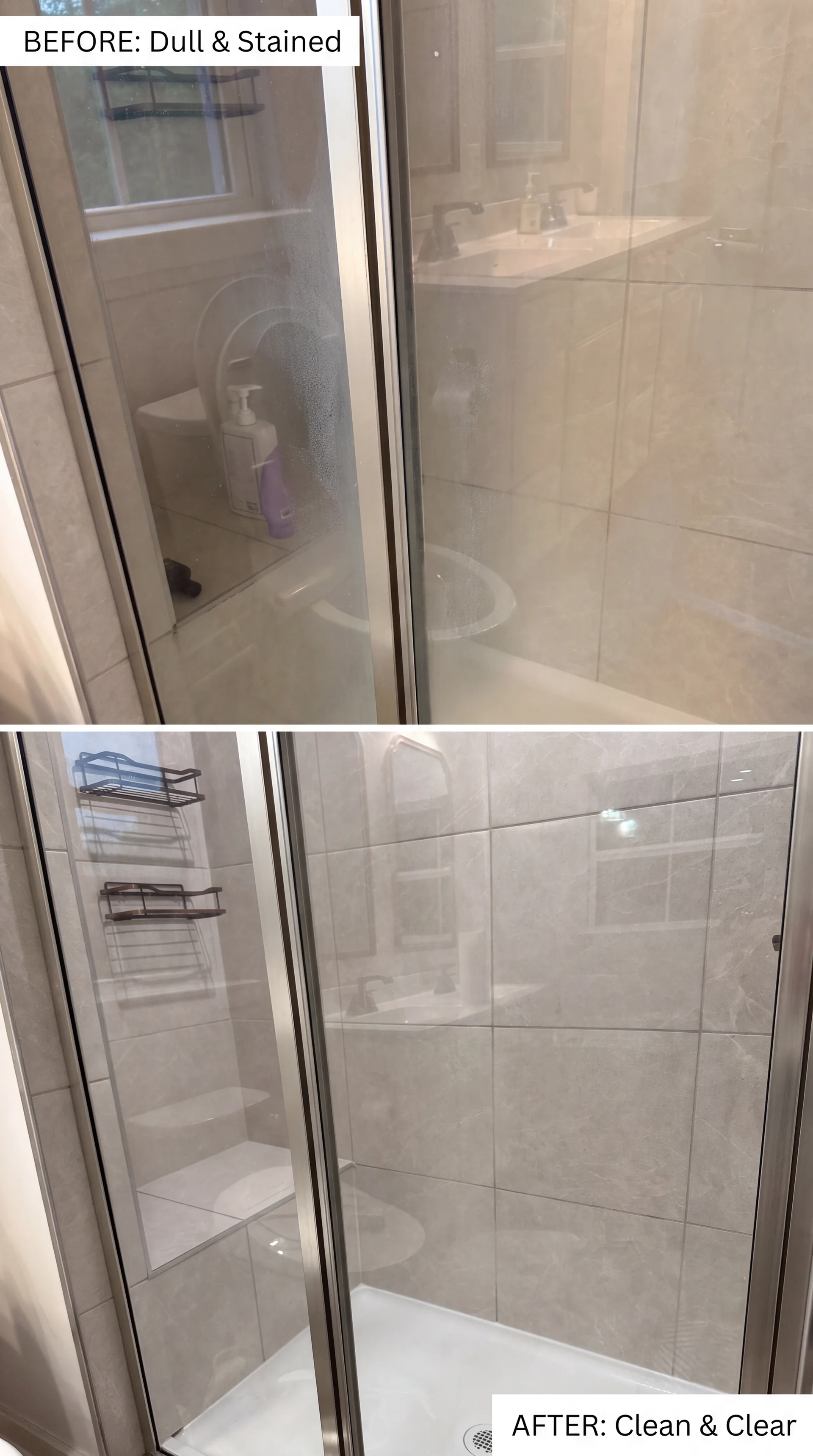 Before and after photo of a glass shower door cleaned by Blue Heron Cleaning, transformed from dull and stained to clean and clear